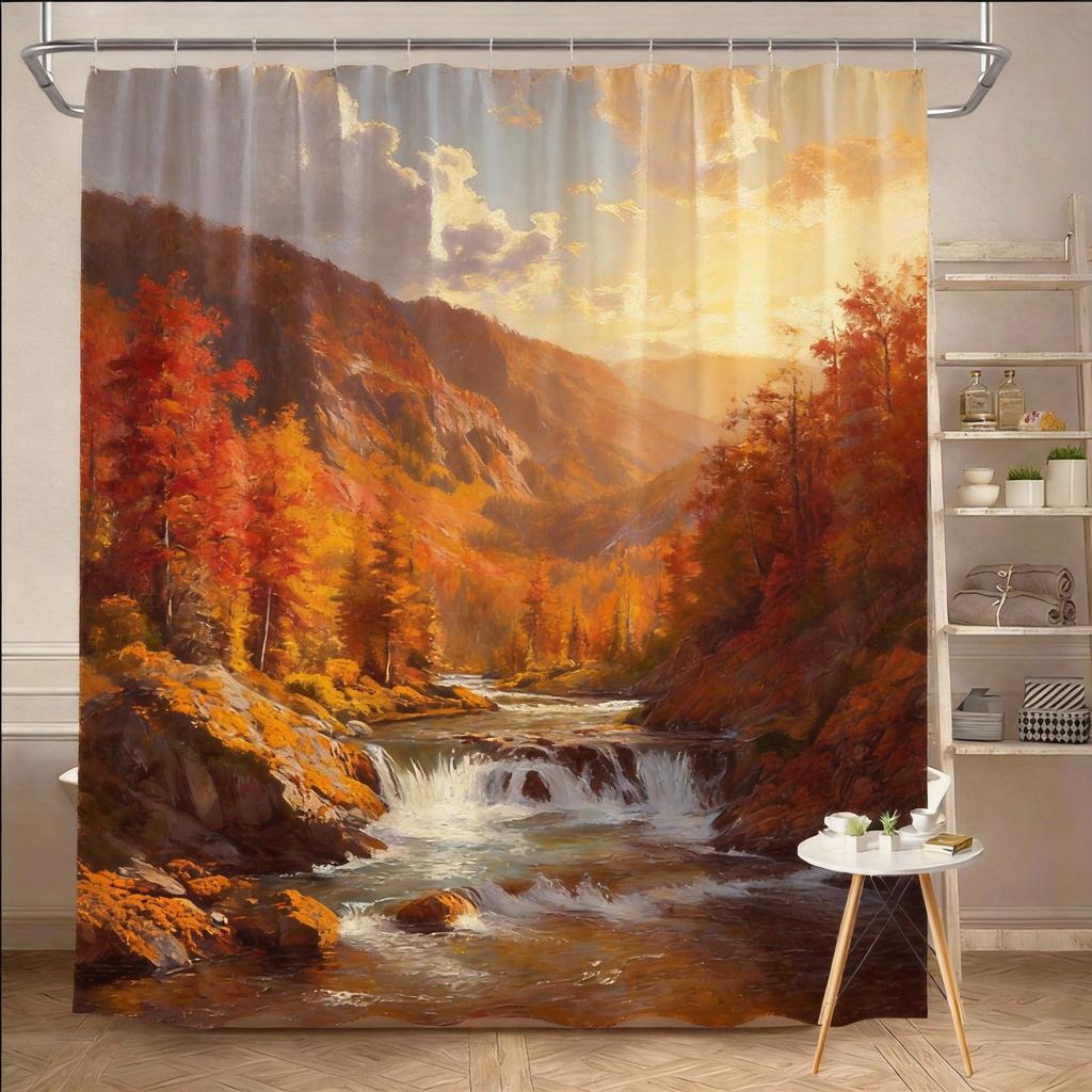 Шторка для душа "Природа" 180x180 см – Безмятежный горный пейзаж с рекой и соснами, Живописный декор для ванной комнаты, 12 крючков