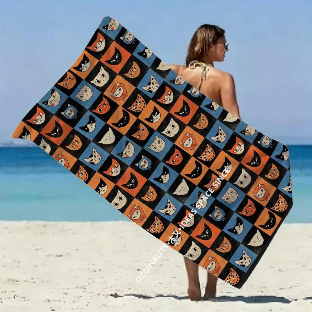 Retro Cat Checkered Beach Towel Patterned Sunscreen And Windproof Suitable For Swimming Pool Camping Travel