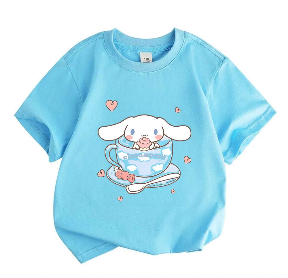 Cute Cartoon Big Ear Puppy Print Kids Boys Girls 100% Cotton T-Shirt Casual Crew Neck Short Sleeves Soft Breathable Summer Tees Adorable Heart Cup Pat