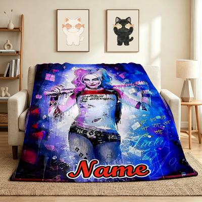 Custom Name Harley Quinn Flannel Blanket Throw Blanket Soft Warm Sofa Bed Home Decor Unique Gift