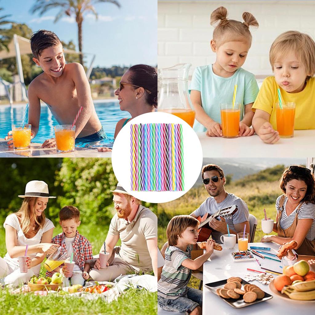 50 Pieces Plastic Drinking Straws 8 Inches Long Multi-Colored Striped Foldable