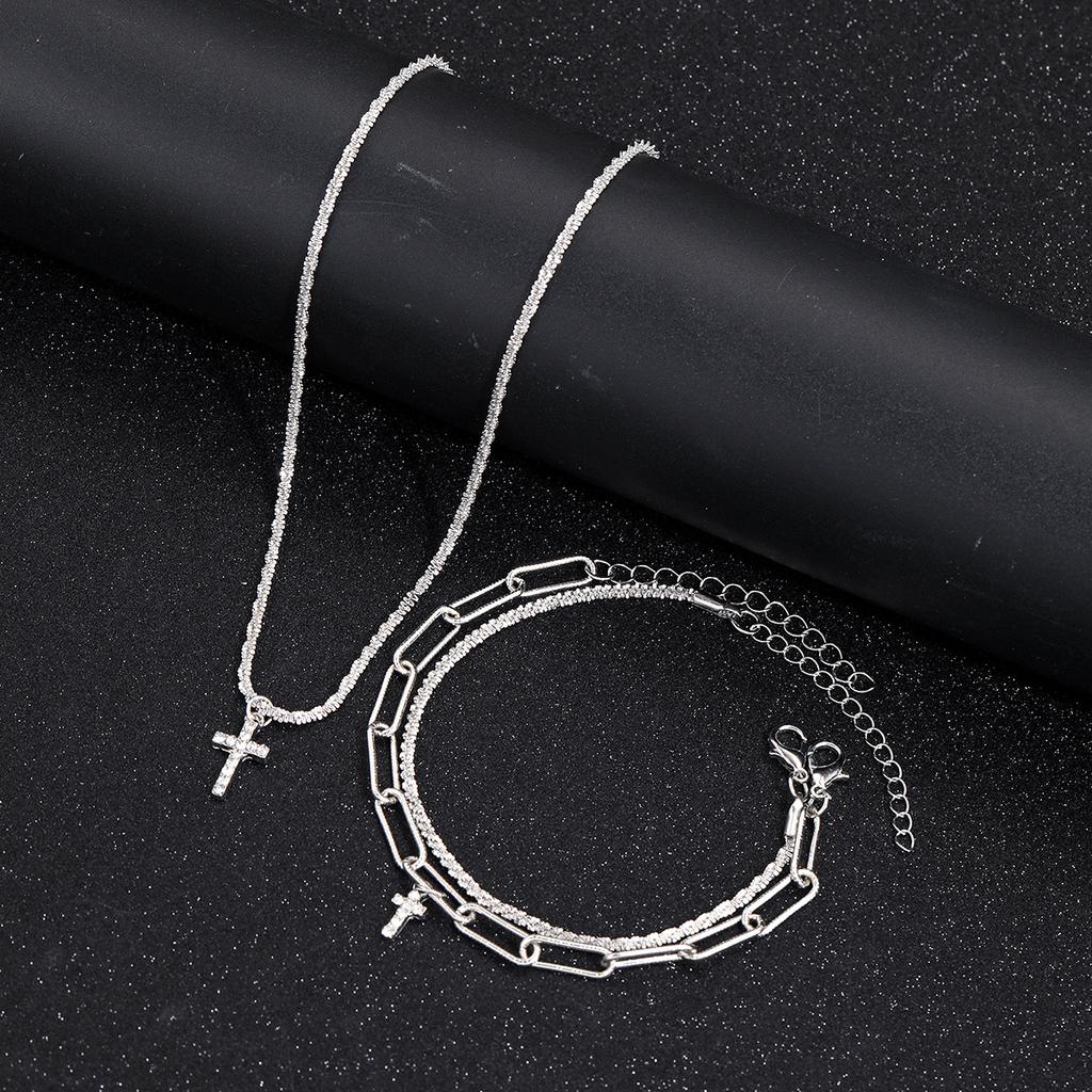 Сверкающий серебряный браслет-крест, ожерелье, комплект для женщин, модные двухслойные браслеты со звездным небом, свадебные украшения