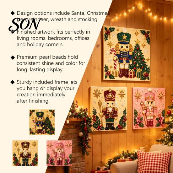 Color Perception Training Nutcracker Faux Pearl Art Kit, Painting DIY Kit with Pre-Framed Projects for Seniors Canvas, 3D Christmas Wall Craft Adults,