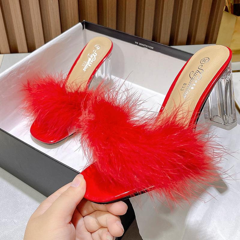 Women Clear Heels Sandals Fluffy Slippers Furry Slides for Women