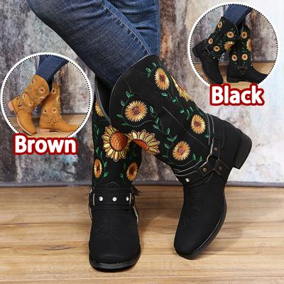 Женские модные ботинки больших размеров, сапоги на толстом каблуке с круглым носком и вышивкой