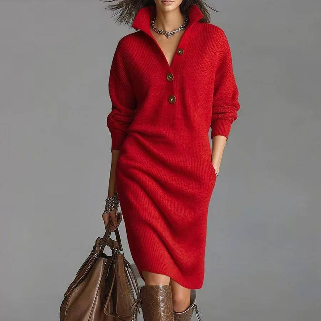 Женское платье, Платье-свитер длиной до колена, Длинное вязаное платье свободного кроя однотонной расцветки