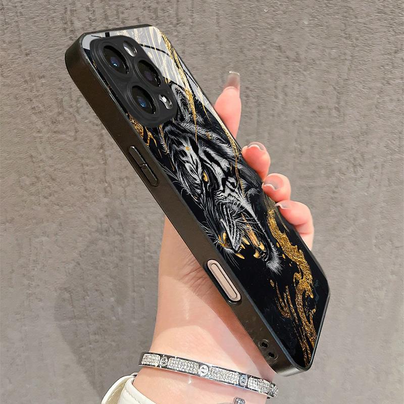Модный Чехол из Закаленного Стекла с Золотым Рисунком Тигра для iPhone 17 16 15 Pro Max 14 13 12 11 17Air 16E 7 8 Plus XR XS X