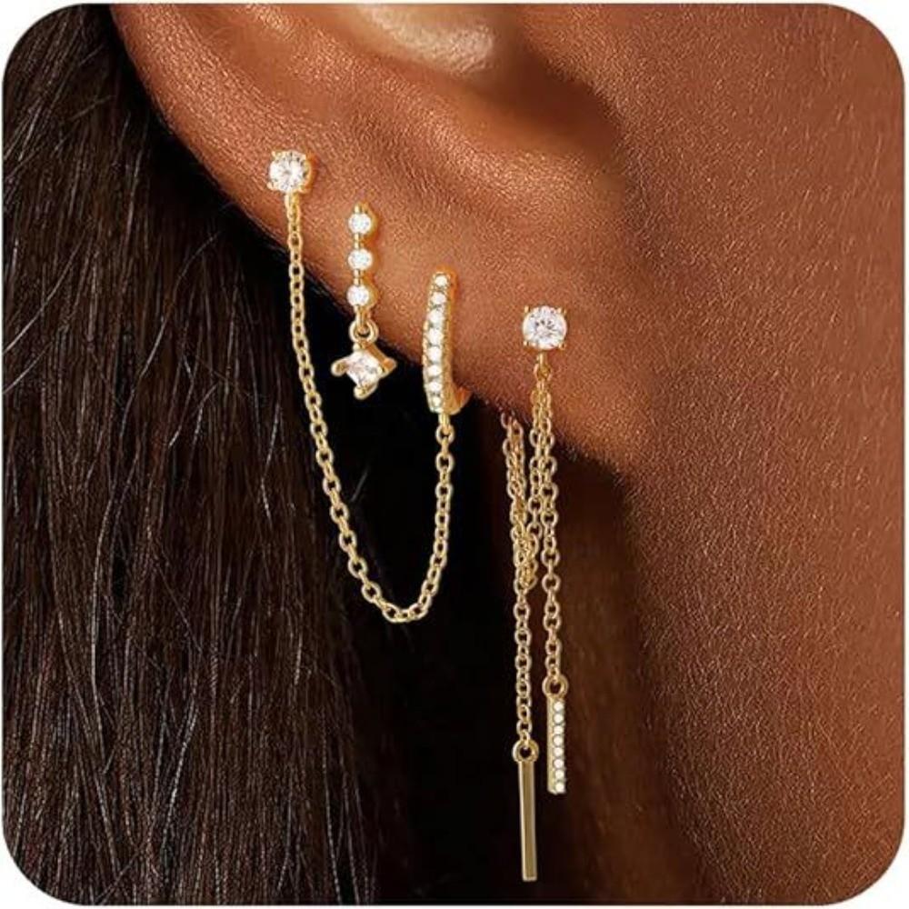 4Pcs/Set Zircon Drop Earrings Set Geometric Hoop Pendant Earrings Set Women Accessories