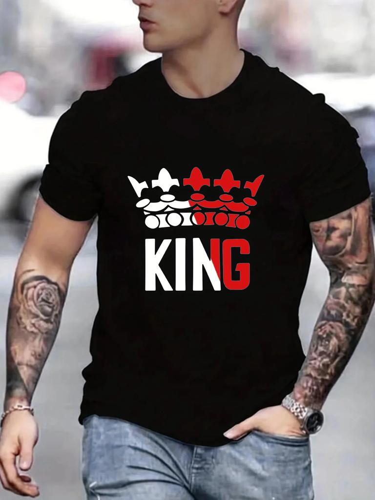 Men's 100% Pure Cotton Summer Loose Comfortable Casual and Fashionable KING Print Large Round Neck Short Sleeved T-shirt Top