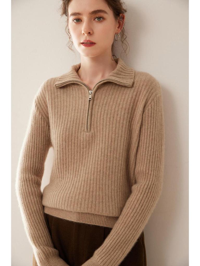 Women's High-End French Cashmere Sweater - Solid Color, Long-Sleeved, Lapel Knit Top