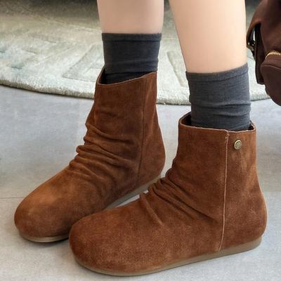 Версия из коровьей кожи~ ретро-стиль новые плиссированные матовые кожаные с внутренней высотой каблука женские универсальные с круглым носком выглядят стройнящими