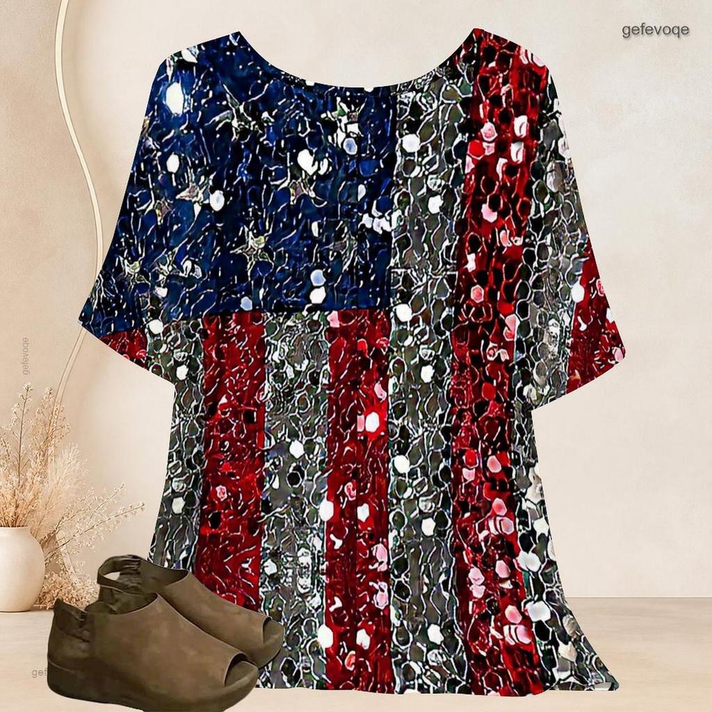 Women Plus Size Round Neck Batwing Short Sleeve Printed Red Blue Loose Tunic Blouse