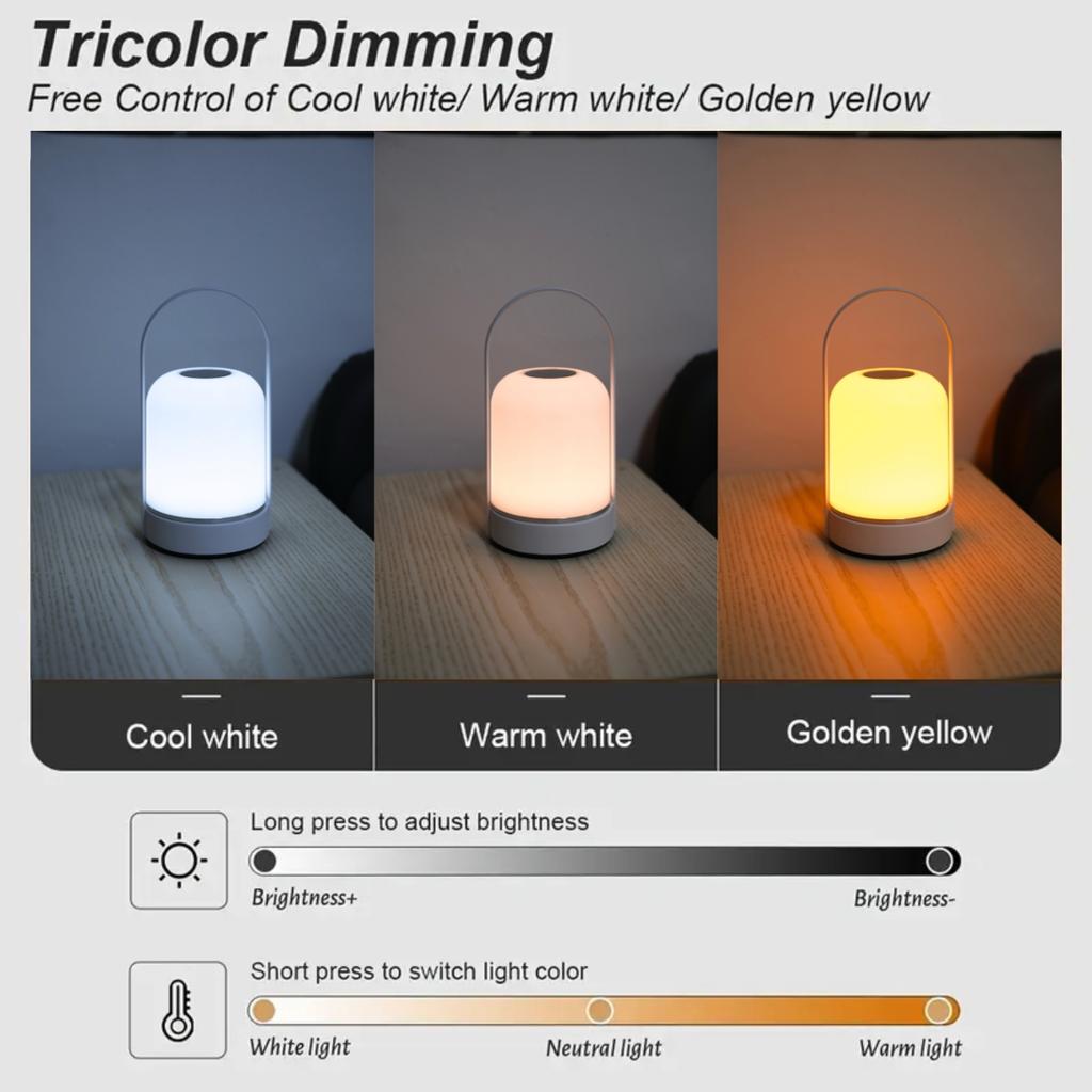 Portable USB Charging Night Light Tri Color Dimming Lamp for Restaurants Bedrooms Bars Outdoor Camping
