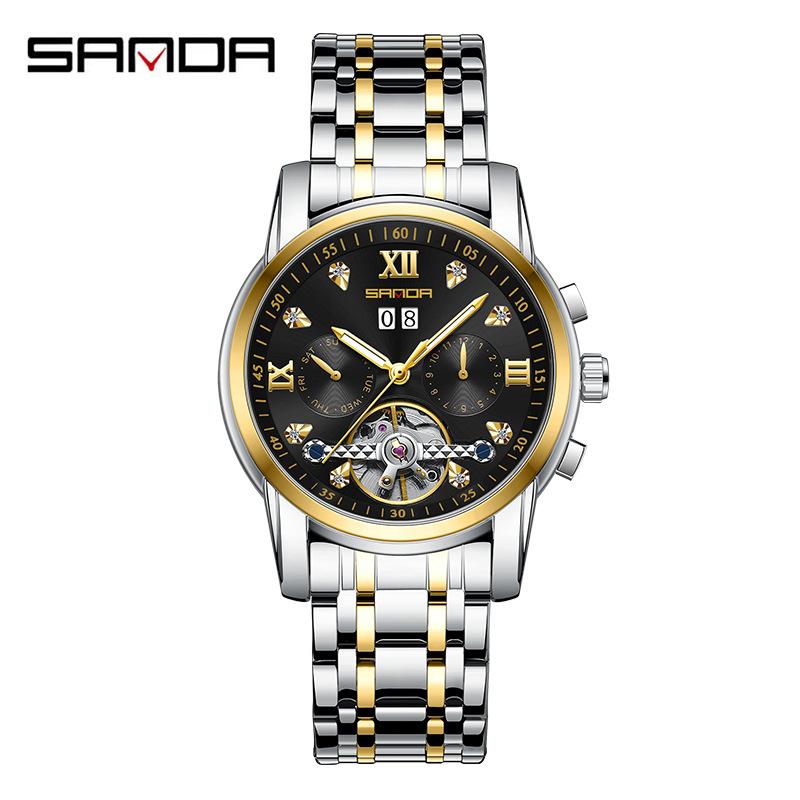 SANDA Новый продукт, мужские автоматические механические часы со стальным ремешком, кварцевые модные полые мужские часы