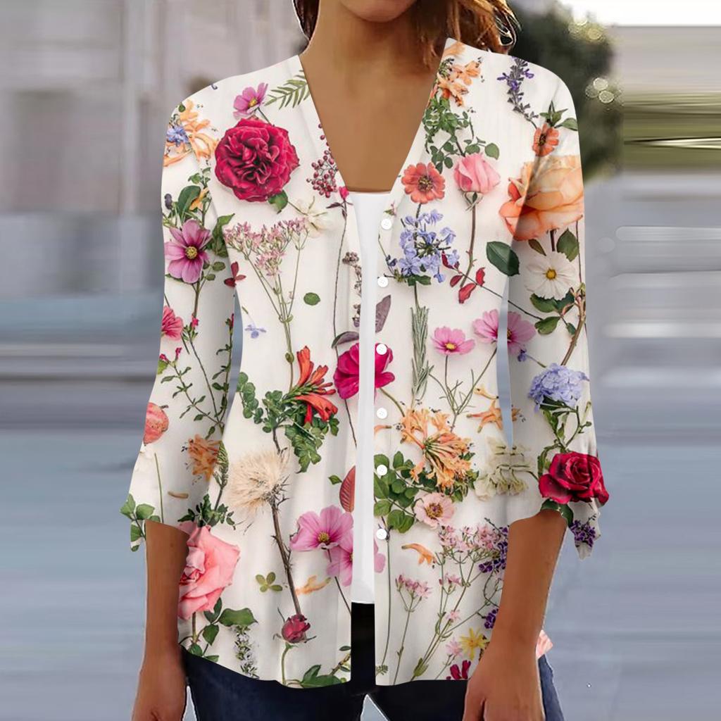 Женский свободный повседневный кардиган с расклешенными рукавами и пуговицами с рукавом три четверти с принтом Caot