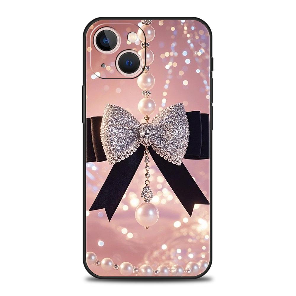 Чехол для телефона Cover для iPhone 17 16 15 14 13 12 Pro Max 11 Pro Max 17AIR Plus Ударопрочный Мягкий ТПУ Черный Бантик Искусственный Жемчуг Расписной