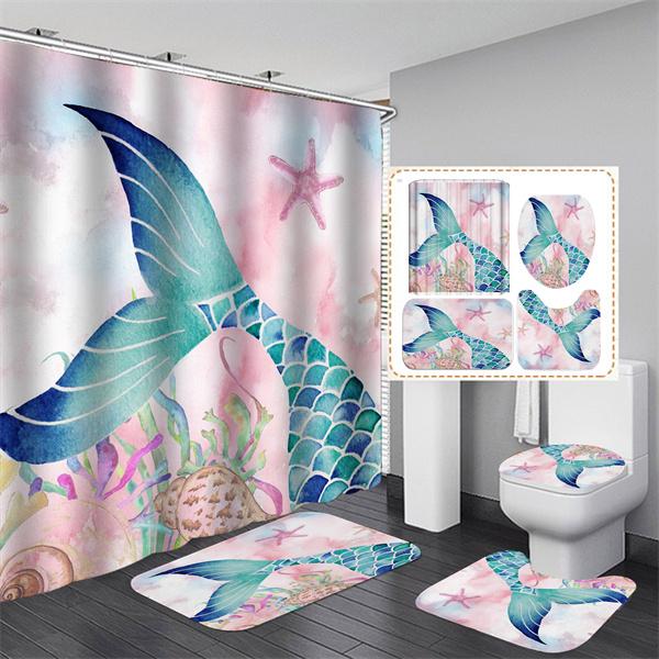 4 шт. с узором занавеска для душа PEVA водонепроницаемая занавеска для душа с нескользящими ковриками чехол для сиденья унитаза аксессуары для украшения ванной комнаты