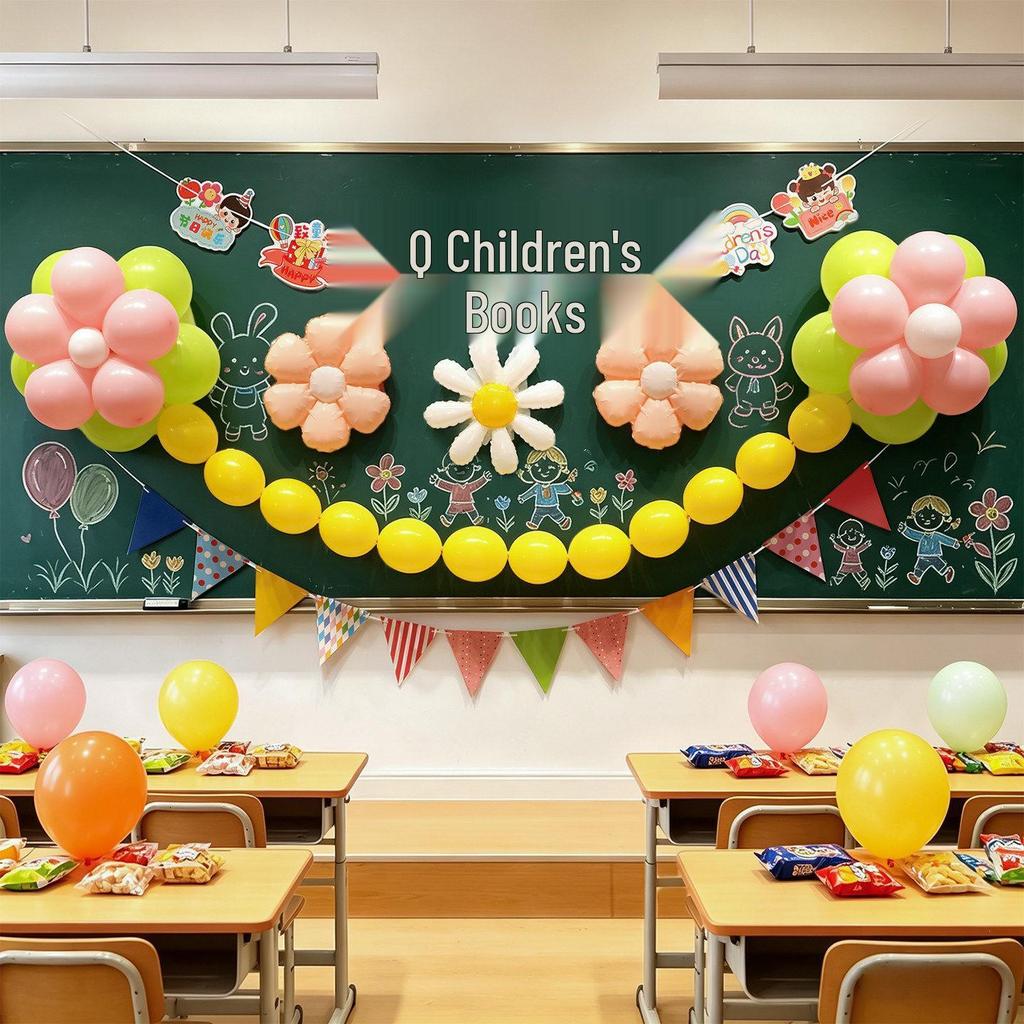 Children's Day Classroom Decorations: Blackboard, Flowers, Balloons, Flag Banners for Kindergarten Atmosphere and Photo Setup