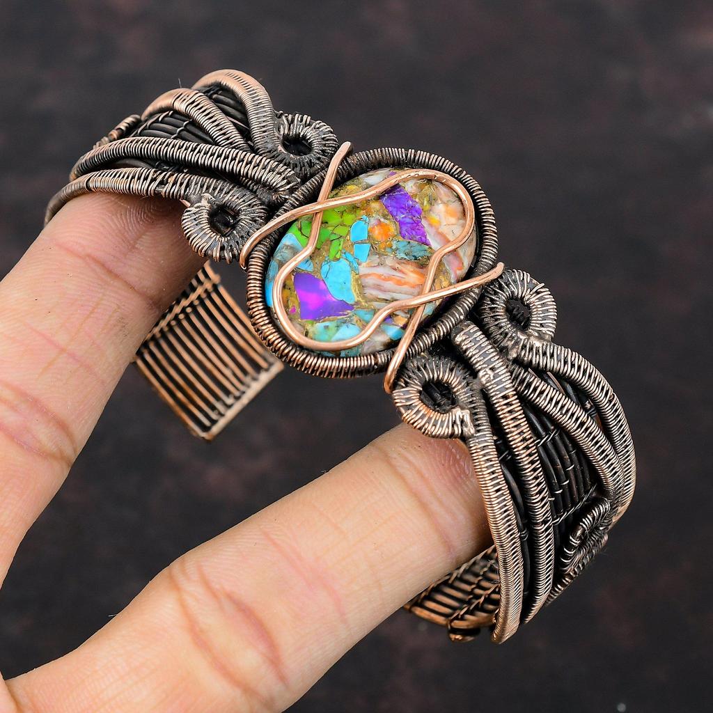 Мультимедный бирюзовый браслет, браслет-манжета из медной проволоки, браслет-манжета из настоящего драгоценного камня, регулируемый браслет-манжета, ювелирное изделие ручной работы, подарок для нее