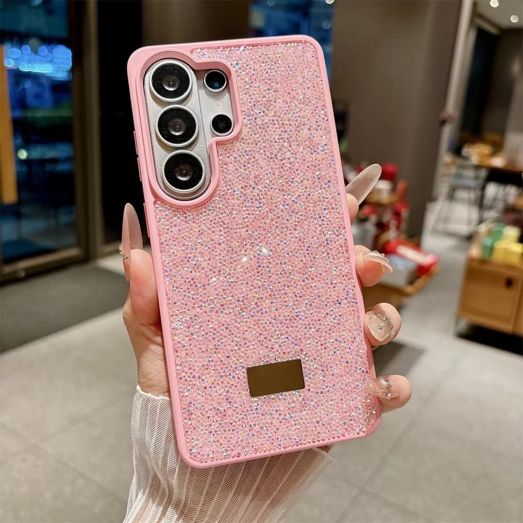 Чехол со стразами, блестками и бриллиантами для Samsung Galaxy S23 S24 S25 S26 Ultra Plus, задняя панель с металлическим логотипом, полноразмерная защитная крышка