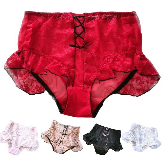 Women High Waist Cross Lace-up Briefs Lightweight Lace Trim Hip Lifting