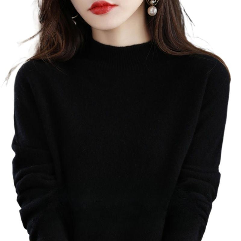 Женский свитер с полувысоким воротником на осень и зиму, утолщенный однотонный свободный шерстяной свитер, в сочетании с базовым топом