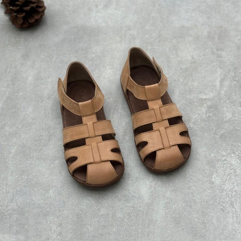 Johnature Сандалии на плоской подошве из натуральной кожи. Однотонная женская обувь ручной работы из тканой воловьей кожи в стиле ретро на мягкой подошве.