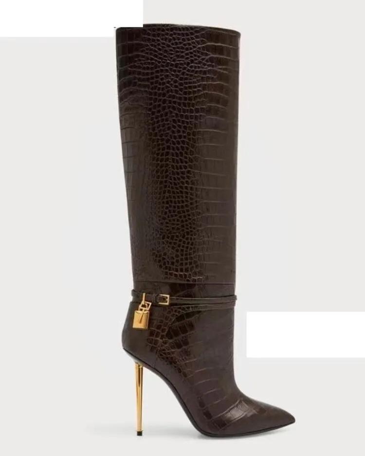 Fashion Women Sexy Metal Lock Decorate Ankle Boots Autumn Winter New Gold High Heel Pointed Belt Buckle Fashion Long Boots Size 34-43