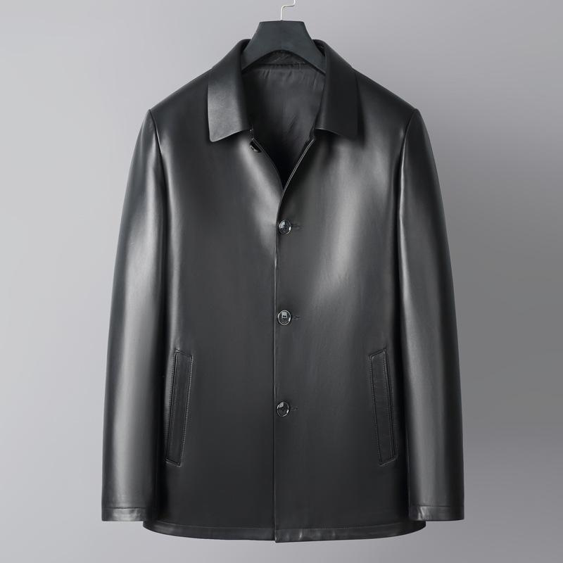 Высококачественная куртка из натуральной кожи для мужчин, куртка из овчины с отворотом, повседневный осенне-зимний стиль, модная кожаная куртка для пап среднего возраста.