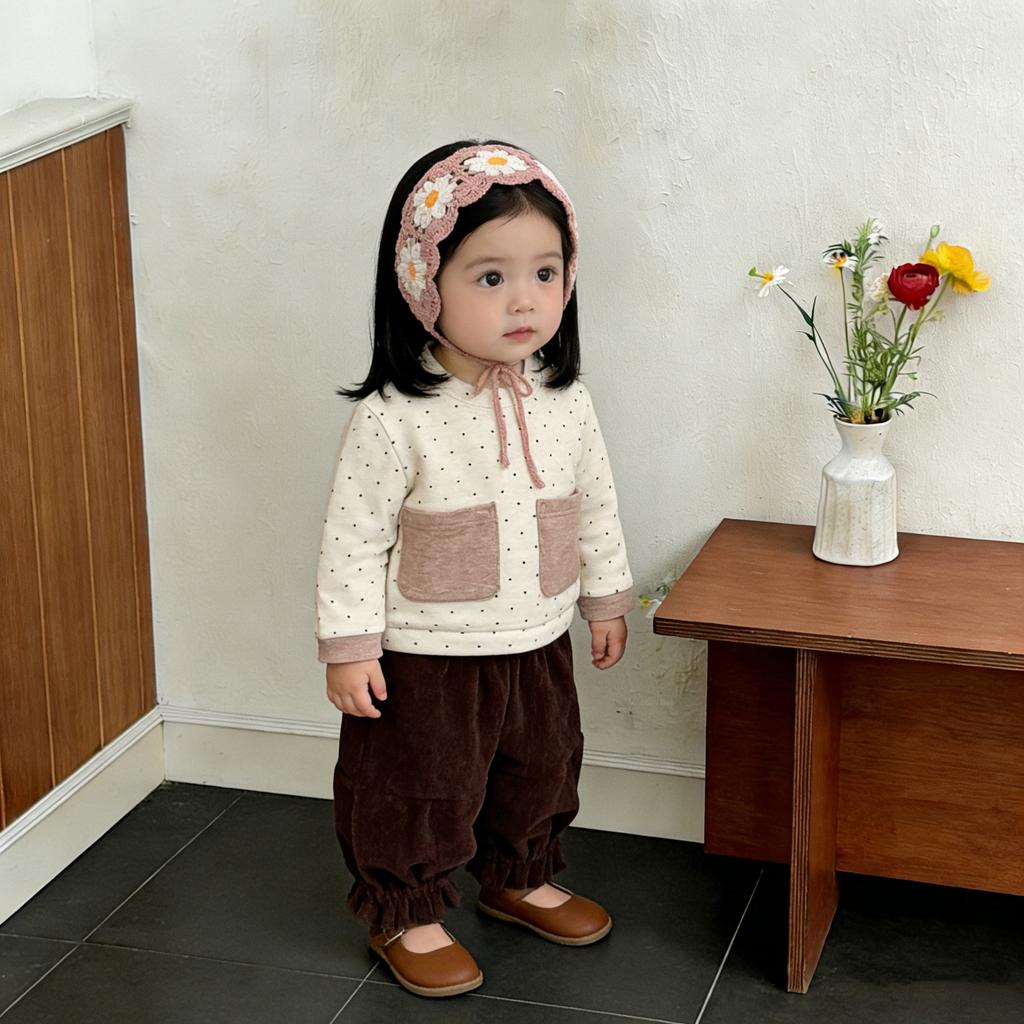 Girls' Suit Spring New Baby Foreign Style Polka Dot Color Matching Long-Sleeved T-Shirt Bottoming Shirt Versatile Bloomers