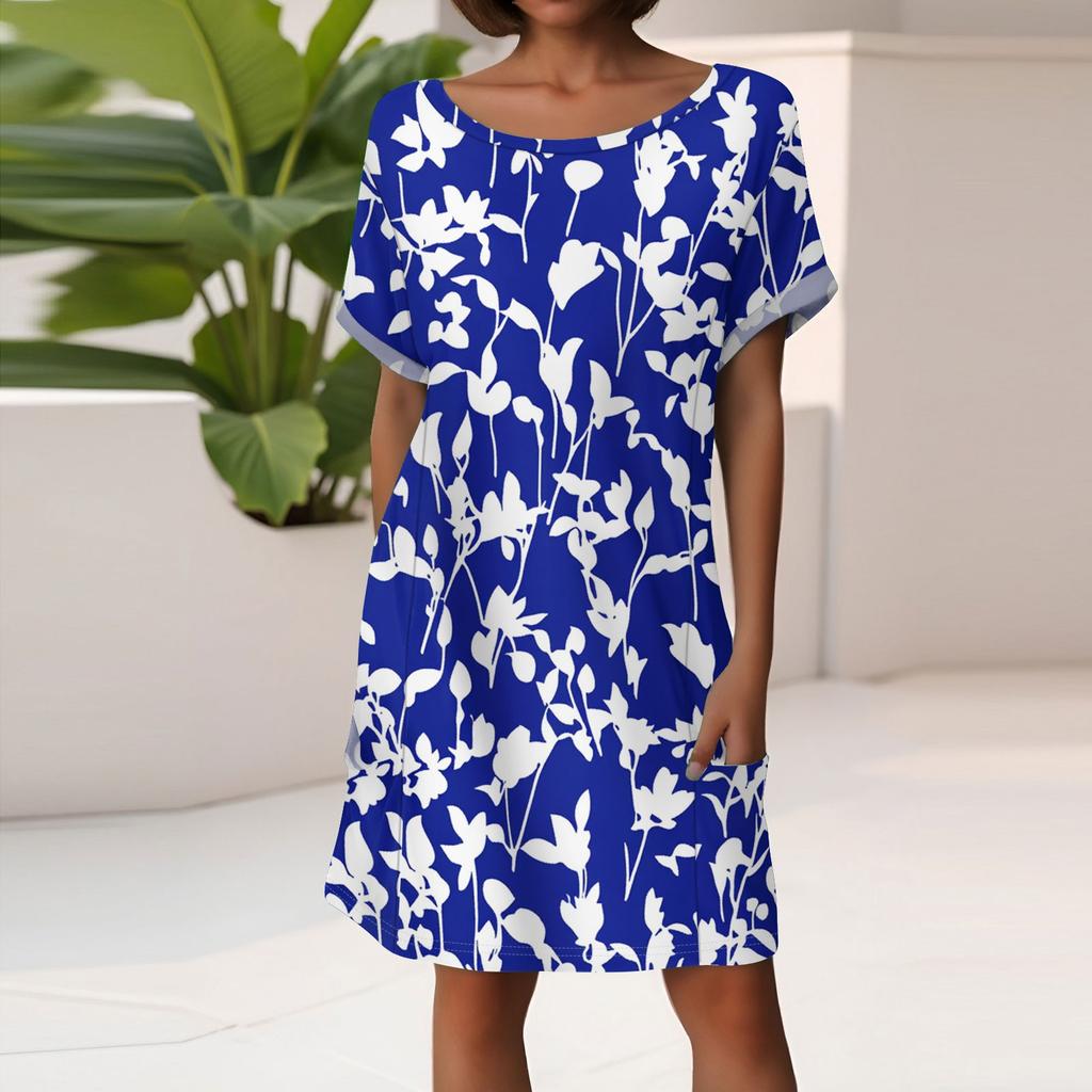 Women's Fashion Short Sleeve Dress With Pockets Floral Print Casual Beach Dress