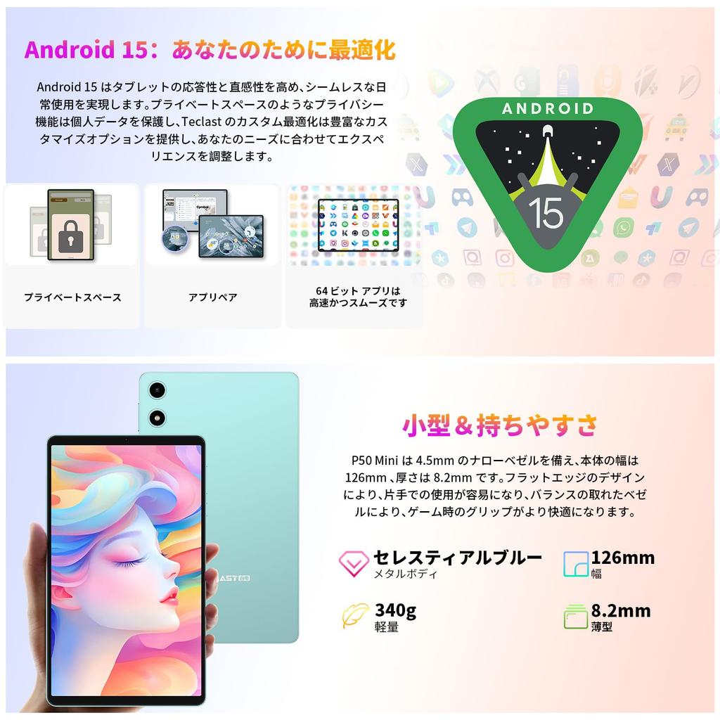 New TECLAST P50Mini Android 15 Tablet with 90Hz Refresh 12GB RAM 128GB 1TB T7200 at Widevine L1 Netflix Support GMS 5G WIFI 5000mAh Battery GPS OTG