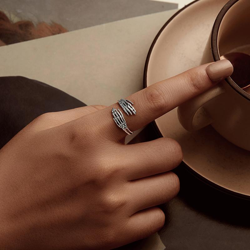 BAMOER 925 пробы стерлингового серебра кольцо для женщин объятия руки ювелирные изделия череп открытое кольцо винтажное окисленное серебро простота кольцо подарок