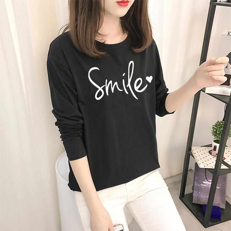 Осень 2023 г. Корейские топы с рисунком - женские футболки с длинными рукавами в однотонных цветах