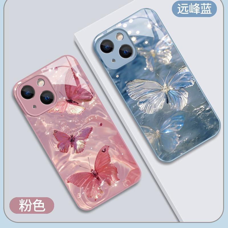 Internet celebrity hot-selling feather butterfly iPhone15Promax mobile phone case women's Apple 17 tempered glass protective case