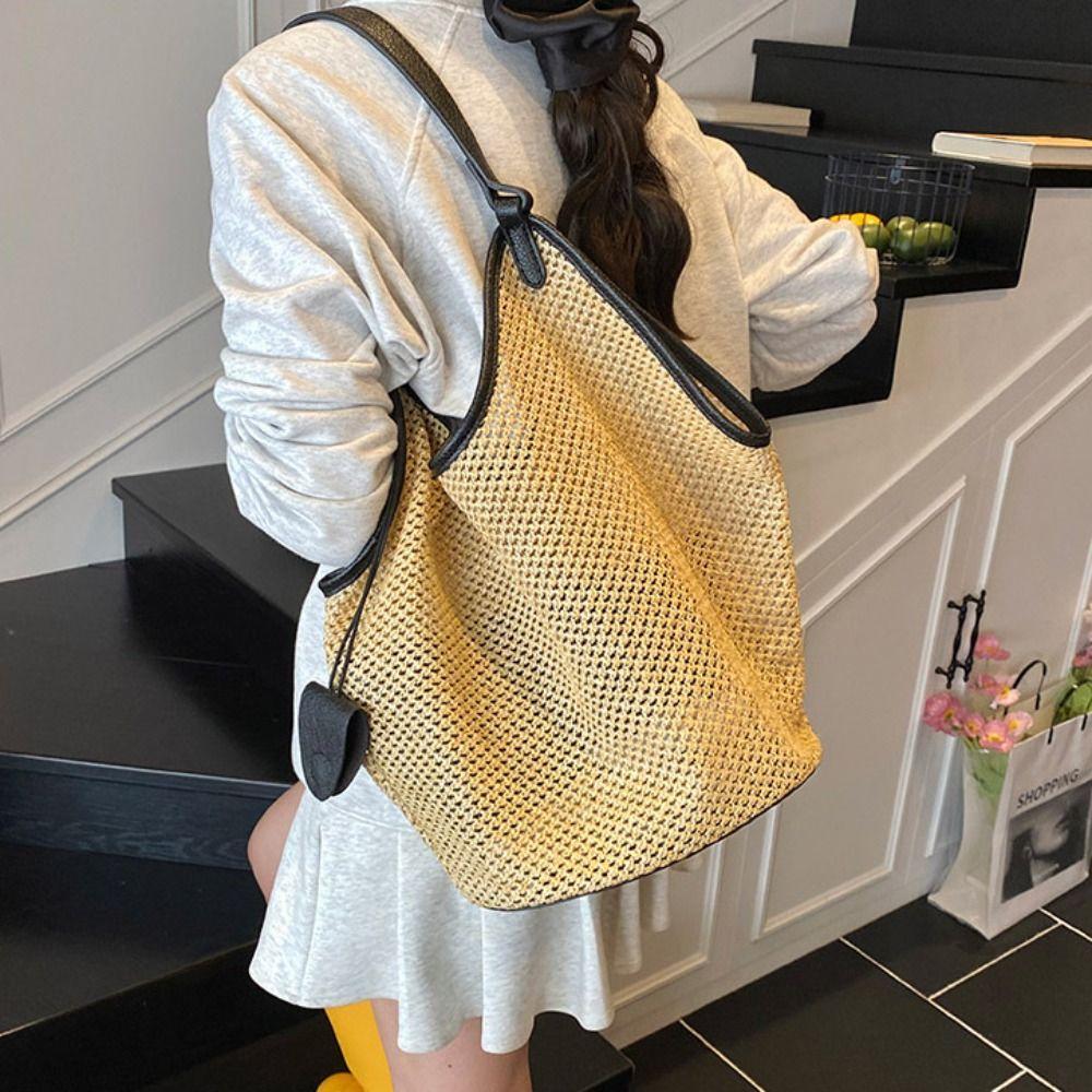 Parent Shoulder Bag Straw Woven Bag Tote Bagwith Sunglasses Clip Hollow Shoulder Bag Holiday