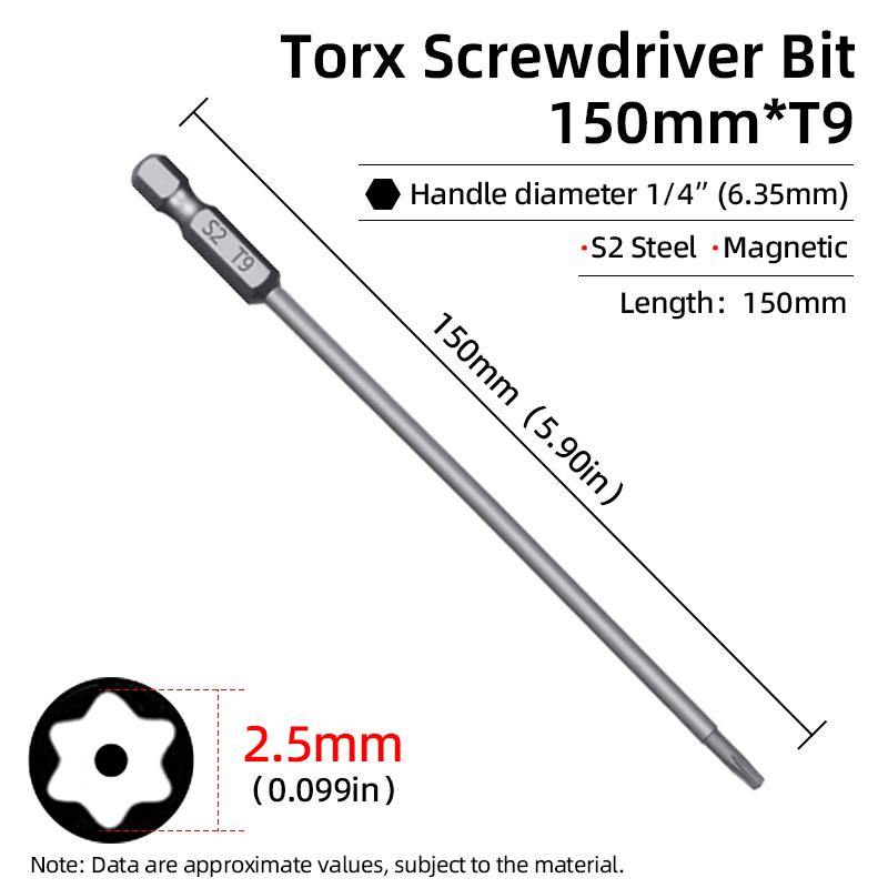 Магнитная отвертка Torx 150 мм T6-T40 1/4" шестигранный хвостовик полое отверстие сливовый цветок безопасные биты S2 сталь электрический ручной инструмент
