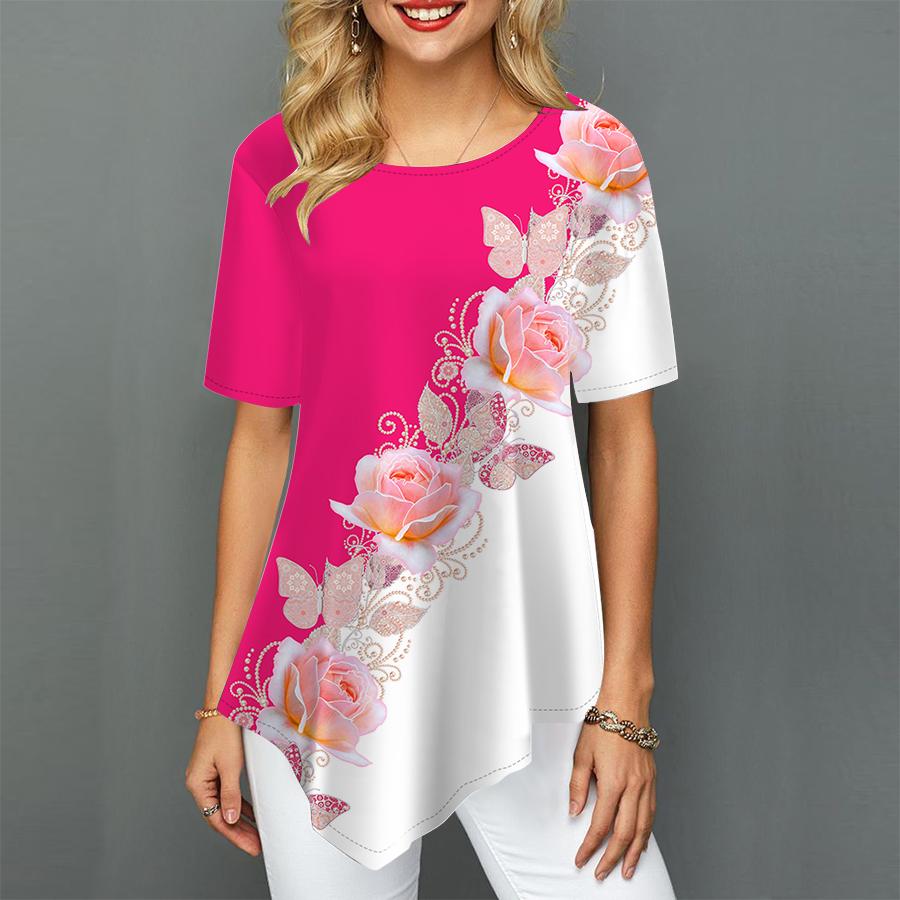 Women Plus Size Ladies Tee Shirts Rose Wreath Print Loose Casual Tops Female Irregular Summer Clothes
