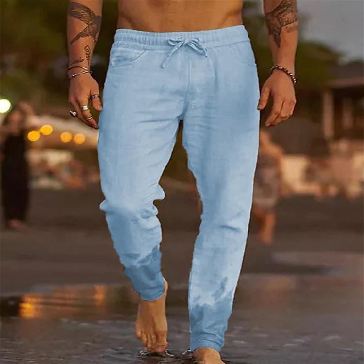 Men Elastic Waist Cotton Linen Long Pants Loose Casual Trousers