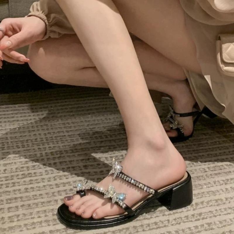Модные женские шлепанцы на блочном каблуке, летние новые, с круглым носком, открытым носком, пайетками и бантом, нескользящие, износостойкие вязаные туфли