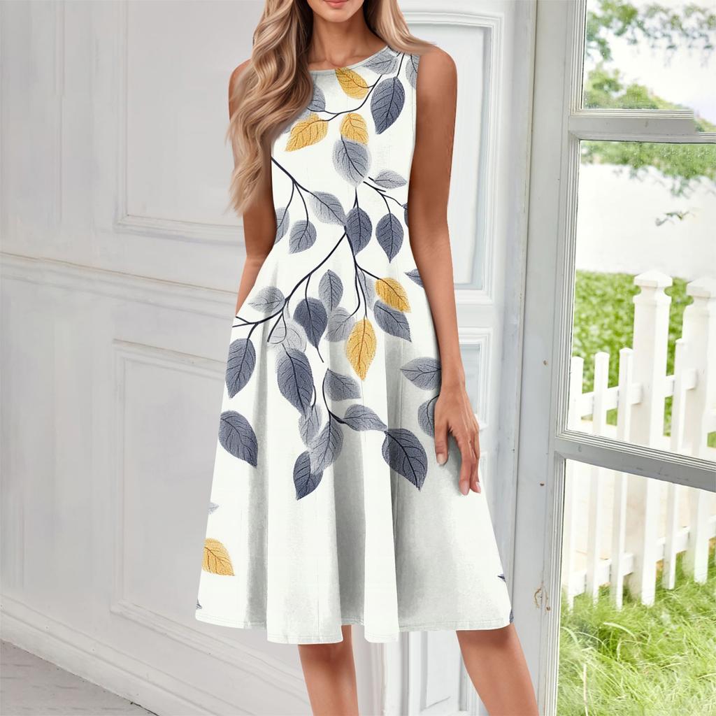 Женское повседневное модное платье миди с цветочным принтом и круглым вырезом без рукавов