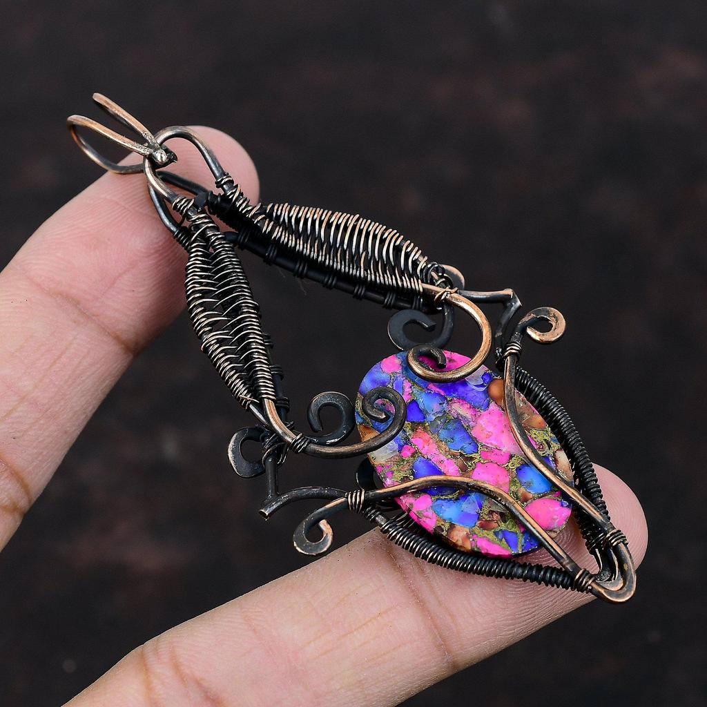 Натуральный Кингман Розовый Георгин Бирюзовый Кулон Медная Проволока Обмотка Ювелирные Изделия Подлинный Драгоценный Камень Кулон Медная Проволока Обмотка Кулон Ручная Работа Ювелирные Изделия