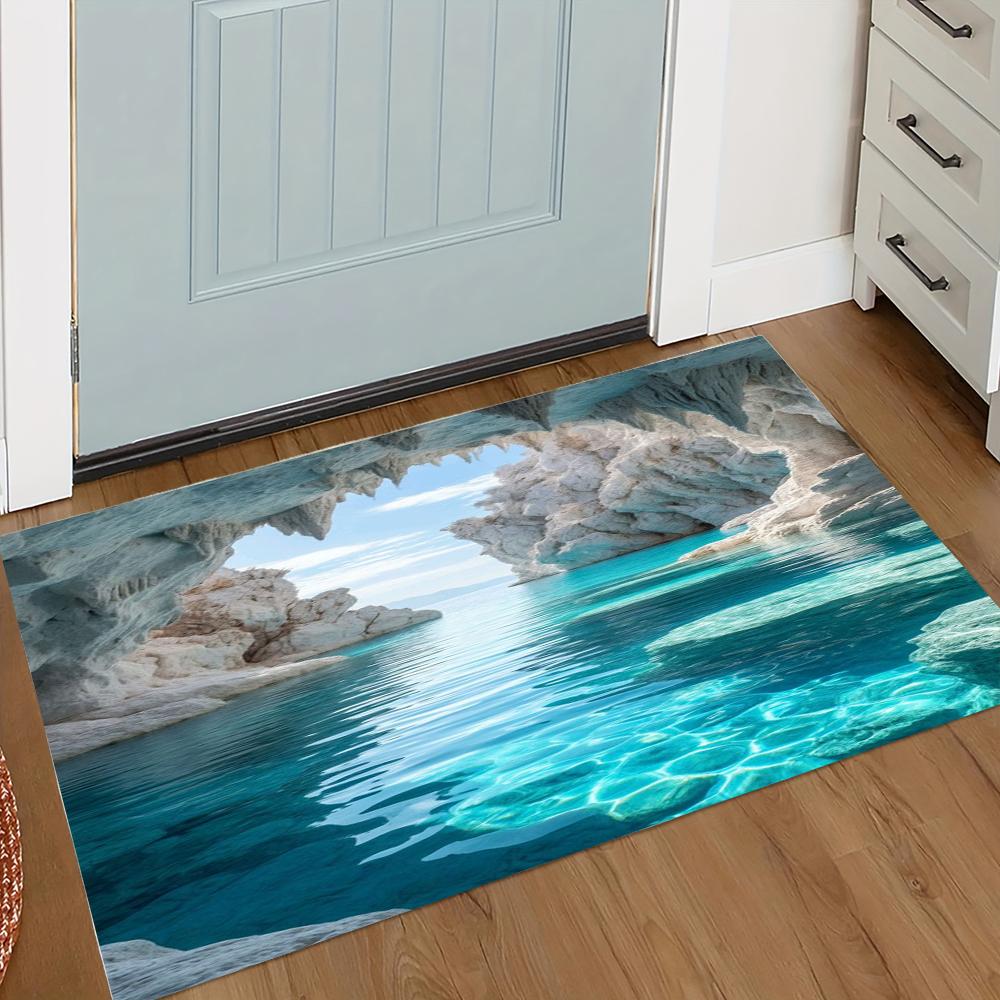 3D Коврик для двери с рисунком террасного бассейна в естественном стиле, с бирюзовой водой и террасой из травертина, сформированного скалами, пейзаж, коврик для украшения комнаты