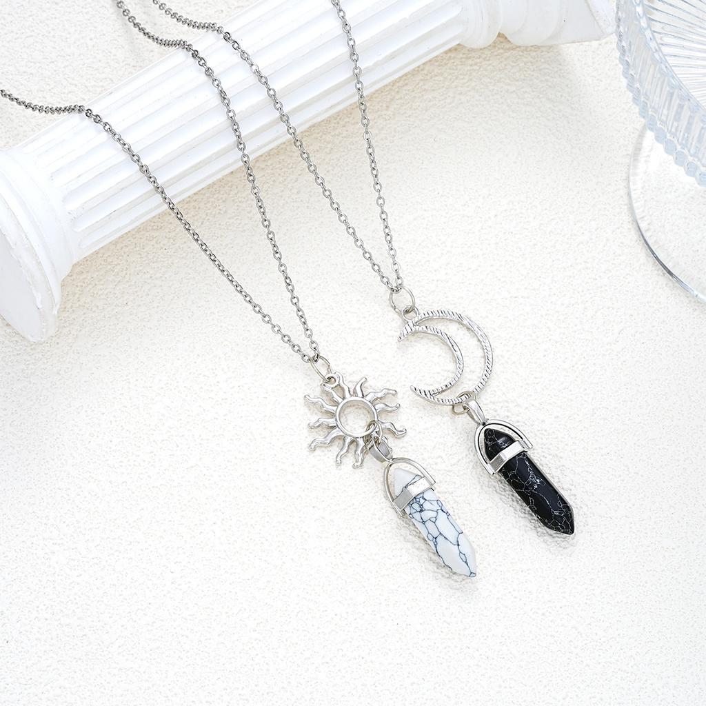 2 Pcs Sun Moon Natural Stone Bullet Pendant Necklack For Men Women Lover Hexagon Pillar Quartz Crystal Stone Column Necklaces