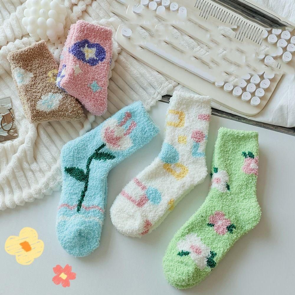 Printing Coral Velvet Socks Plush Sleeping Socks Creative Flower Pattern Socks Girls
