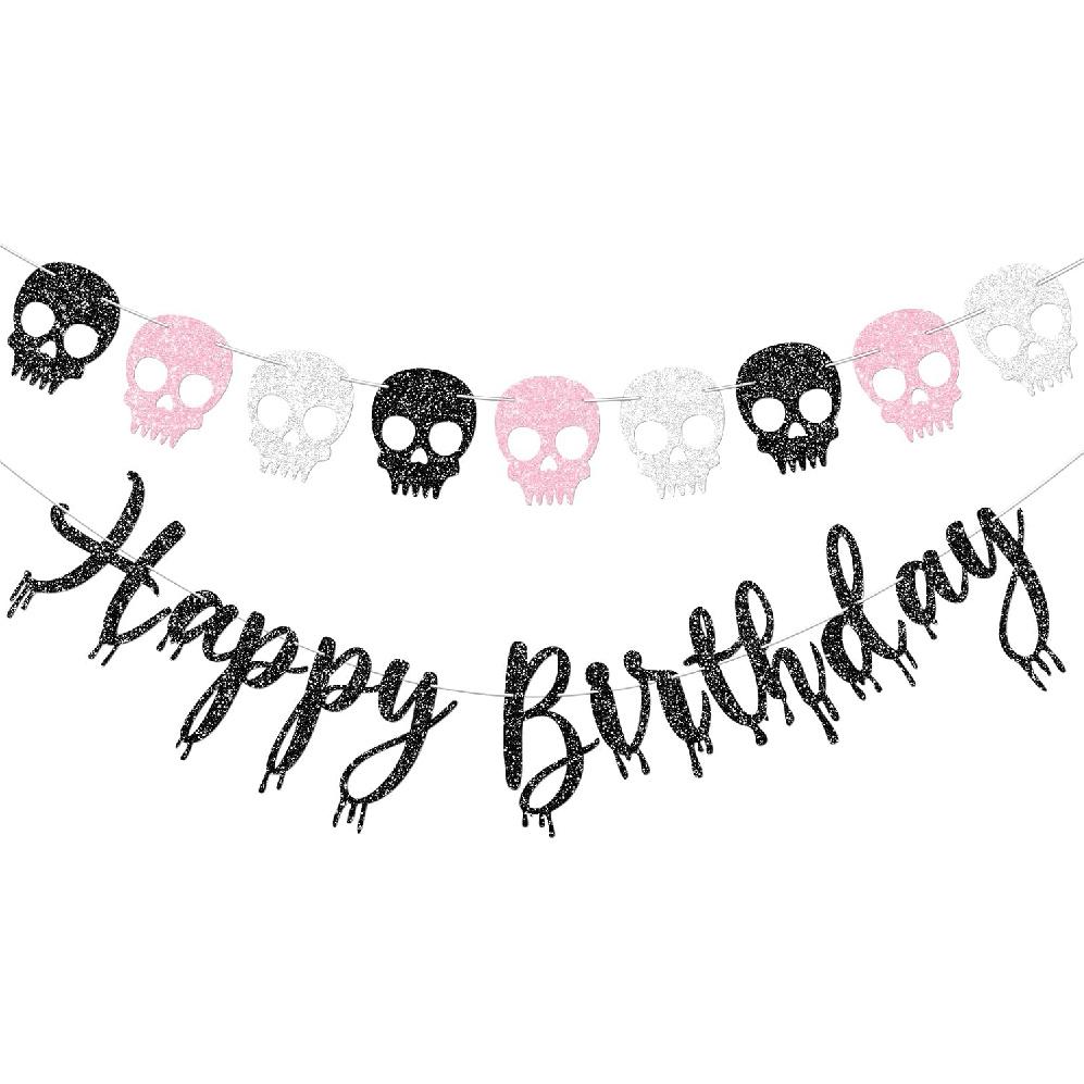 Pink Skull Halloween Happy Birthday Banner for Girl Glitter Skull Garland Banners for Pink Halloween Birthday Party Decorations