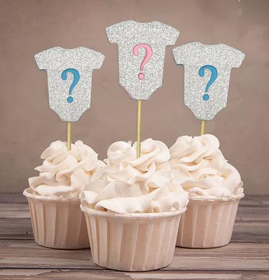 Darling Souvenir Gender Reveal Glitter Cupcake Toppers Boy or Girl Baby Shower Dessert Decoration - Pack Of