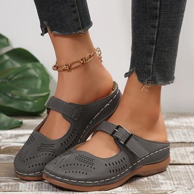 Женские босоножки из искусственной кожи с круглым носком, на плоской подошве, на танкетке, удобные, с пряжкой на ремешке, мягкая стелька из искусственной кожи