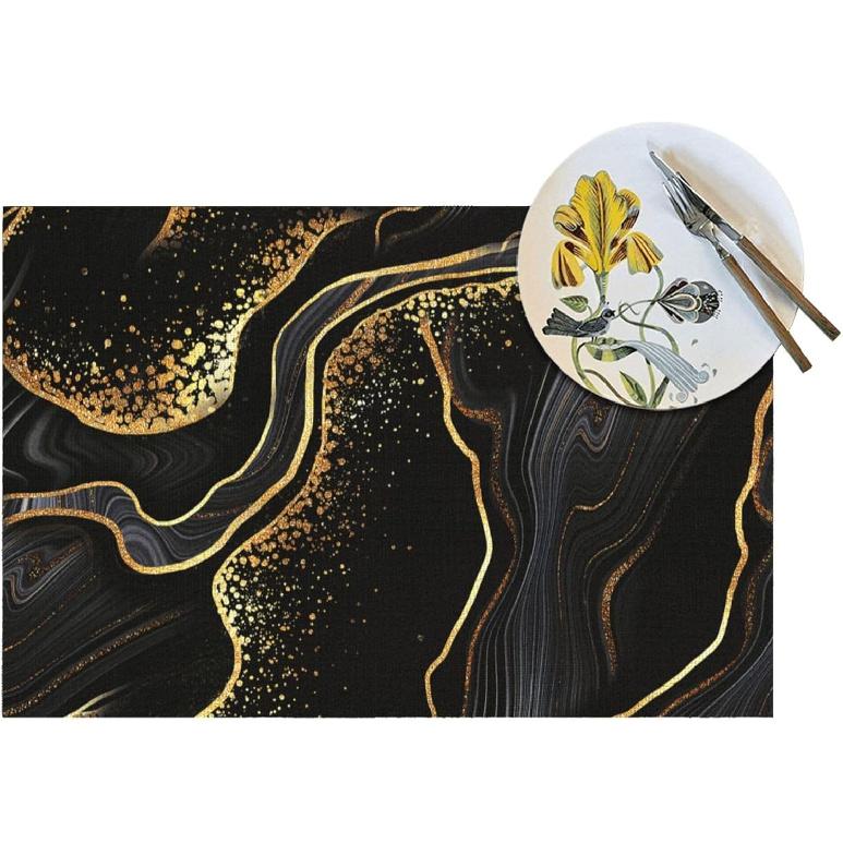 Black Gold Marble Texture Placemats Set of 4, Black Table Mats, Heat Resistant Washable Linen Place Mats for Kitchen Dining Table Farmhouse 12"x18",