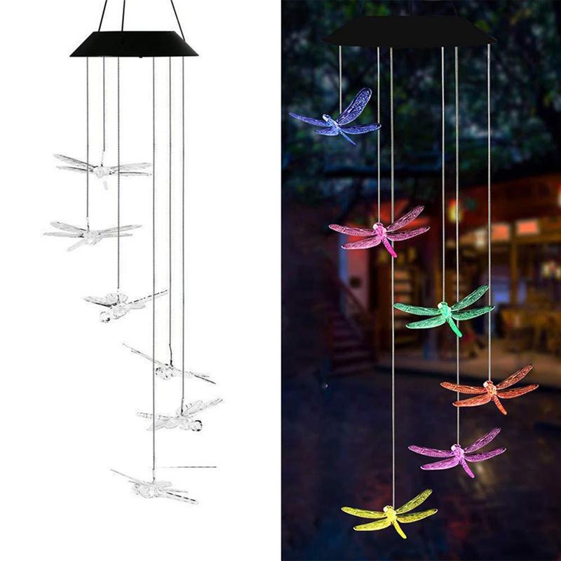Solar Lights Outdoor Butterfly Dragonfly Hummingbird Wind Chimes Color Changing Waterproof Solar Powered Led Wind String Lights Hanging Lights
